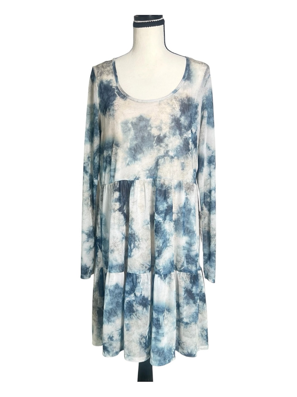 love, Fire Blue Cloud Tie-Dye Long Sleeve Tiered Mini Dress Babydoll Fall Chic